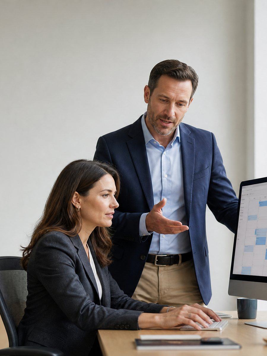 An EZ Button executive assistant managing an executive's calendar on-site in Irvine, California