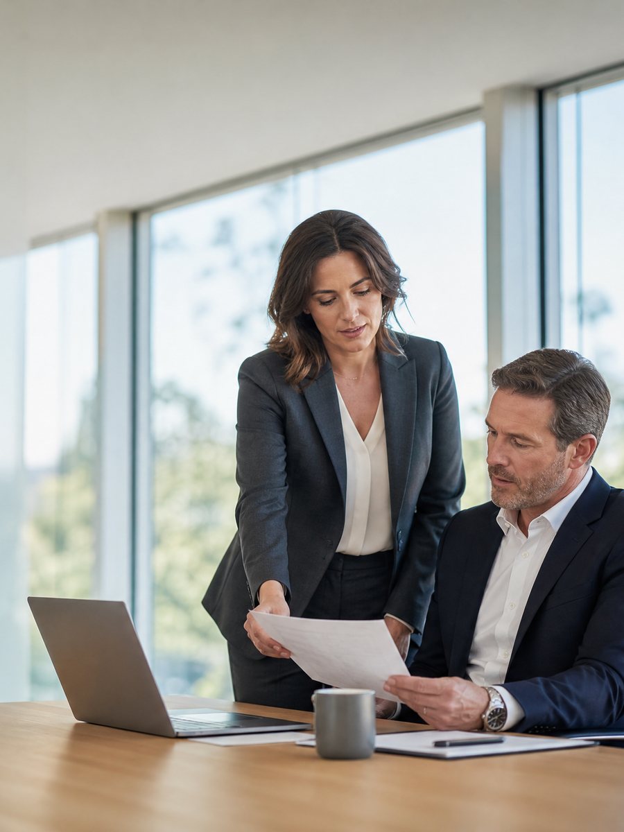 An EZ Button executive assistant reviewing documents with an executive at his desk in Irvine, California