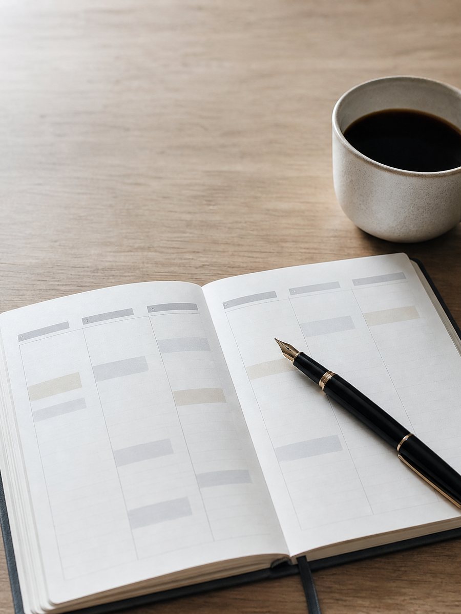A weekly planner and pen representing EZ Button's transparent scheduling and pricing